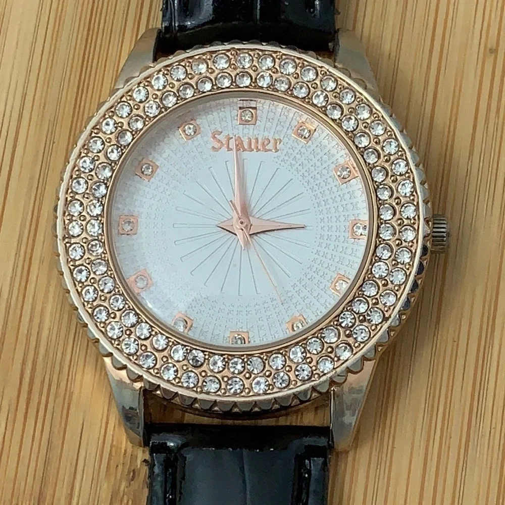 Stauer Sirene Analog Stainless Steel Rose Gold CZ Leather Adjustable strap Watch
